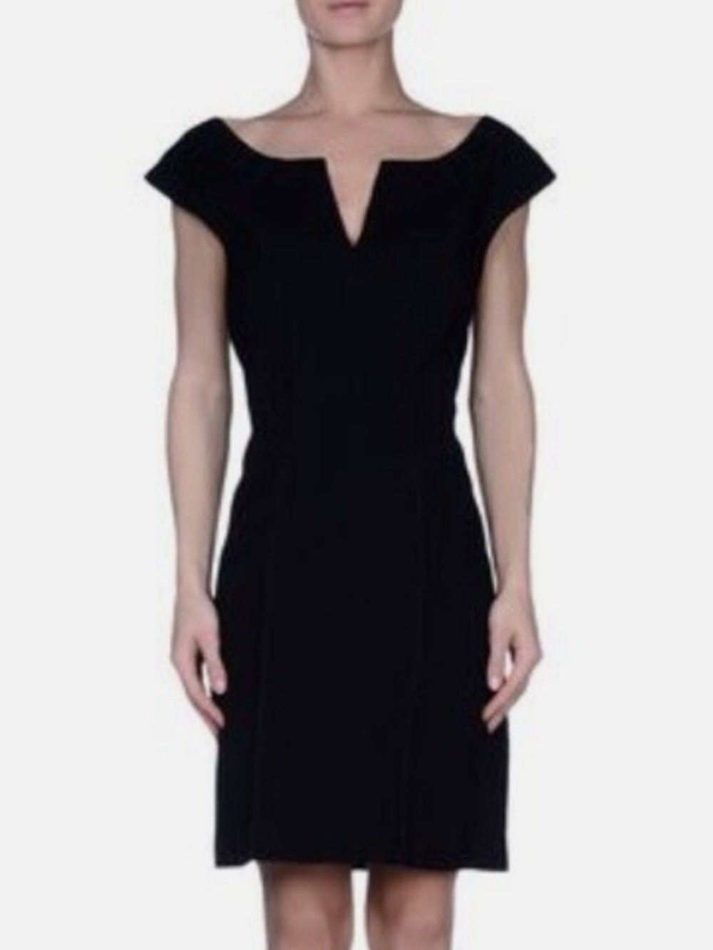 Zac Posen Minimalist, Formal Evening Black Cap-Sleeve V-Notch Midi Dress